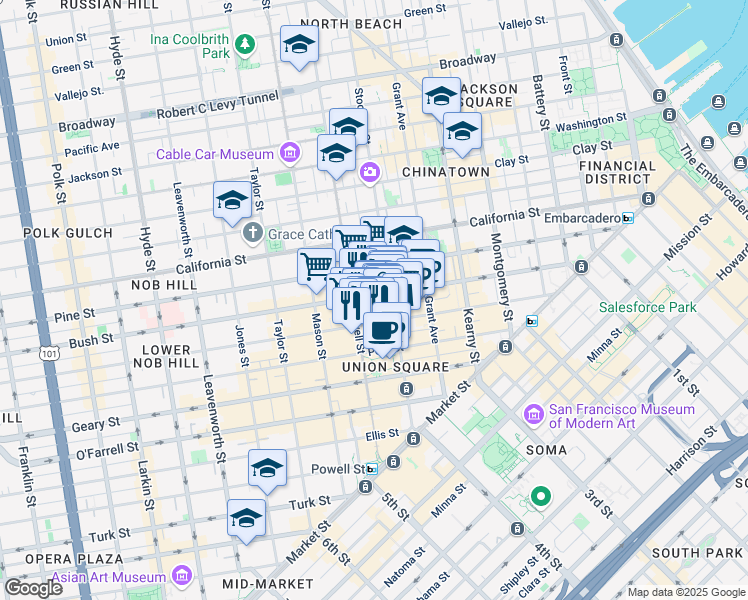 map of restaurants, bars, coffee shops, grocery stores, and more near 465 Sutter Street in San Francisco