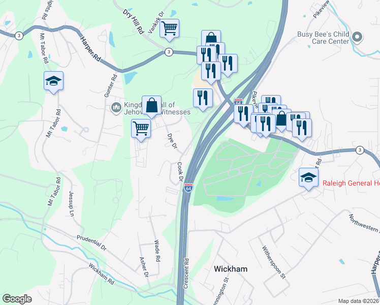 map of restaurants, bars, coffee shops, grocery stores, and more near 339 Harper Park Drive in Beckley
