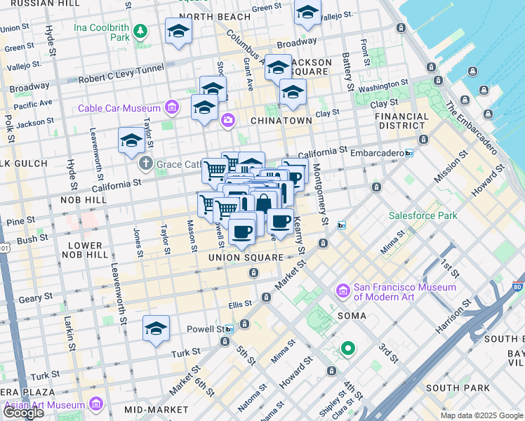 map of restaurants, bars, coffee shops, grocery stores, and more near 333 Grant Avenue in San Francisco