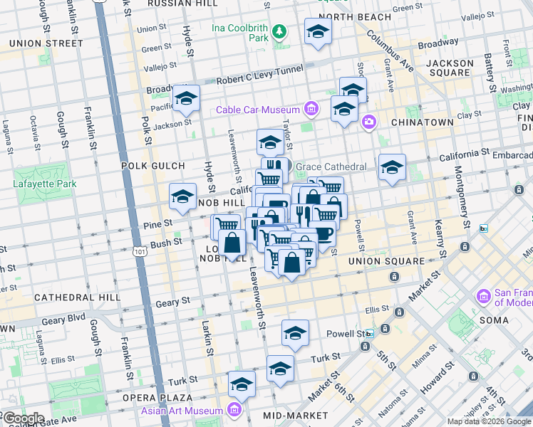 map of restaurants, bars, coffee shops, grocery stores, and more near 999 Bush Street in San Francisco