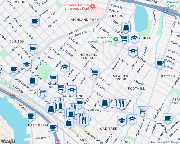 map of restaurants, bars, coffee shops, grocery stores, and more near 2230 East 21st Street in Oakland
