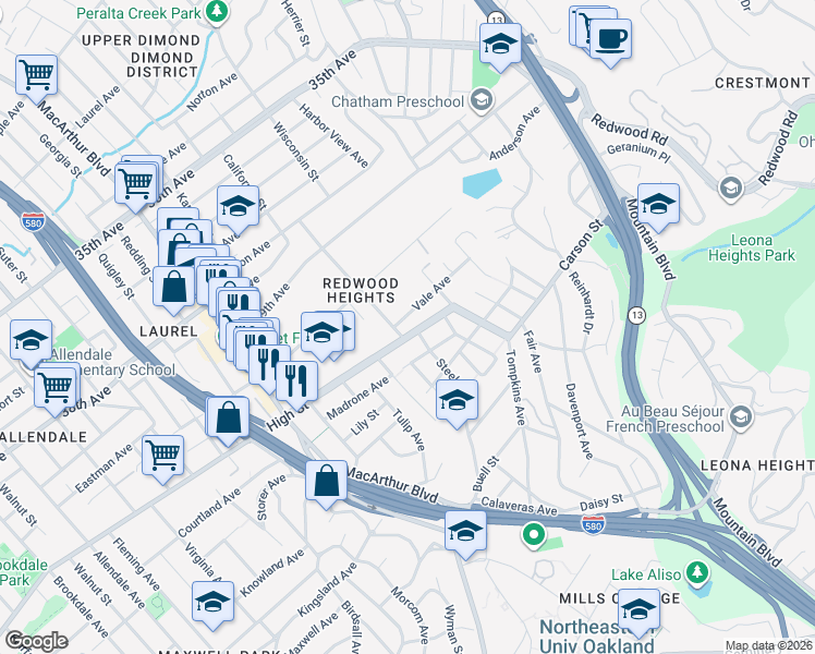 map of restaurants, bars, coffee shops, grocery stores, and more near 3859 High Street in Oakland
