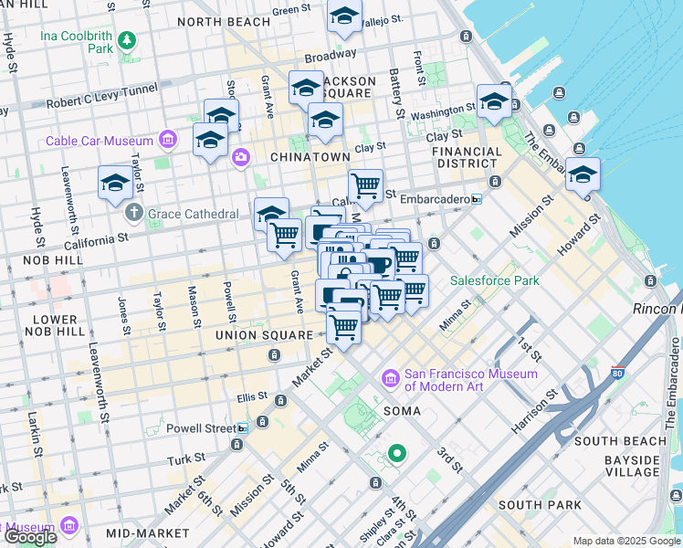 map of restaurants, bars, coffee shops, grocery stores, and more near 130 Sutter Street in San Francisco