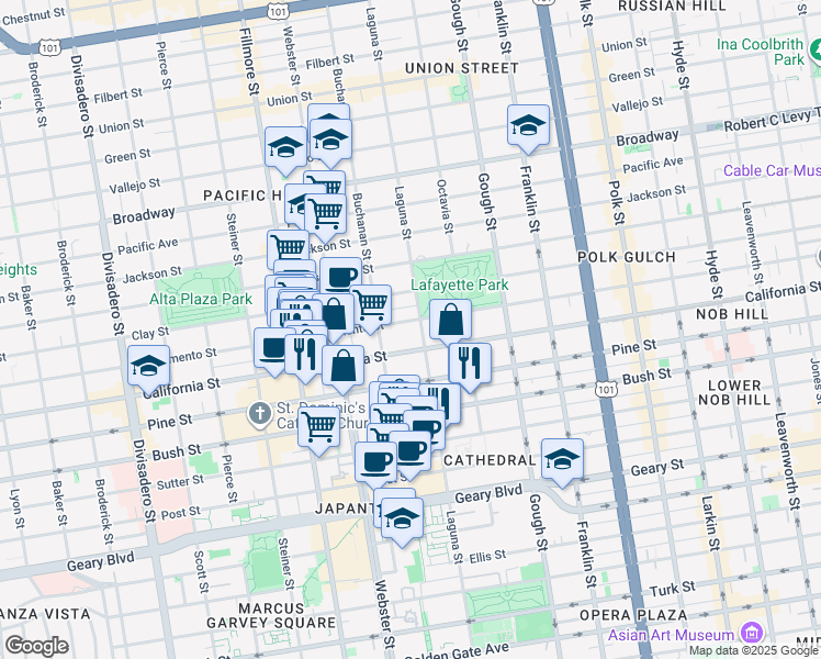 map of restaurants, bars, coffee shops, grocery stores, and more near 2205 Sacramento Street in San Francisco