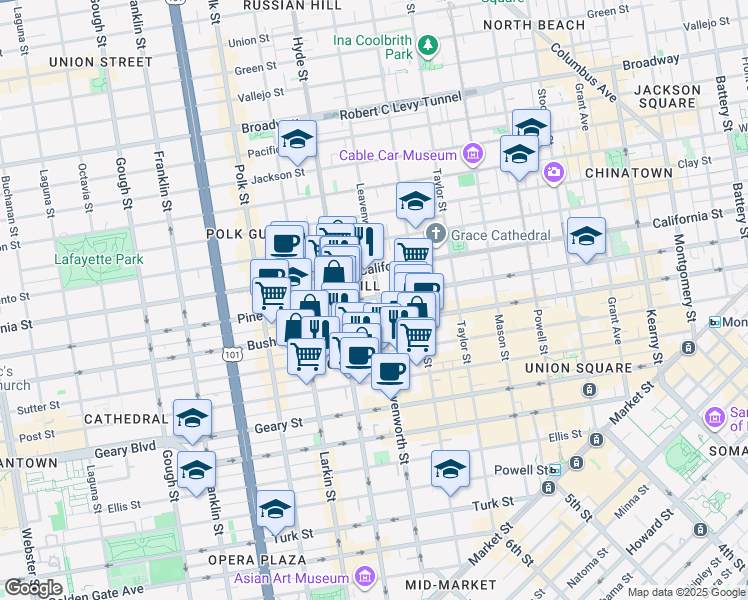 map of restaurants, bars, coffee shops, grocery stores, and more near 1201 Pine Street in San Francisco