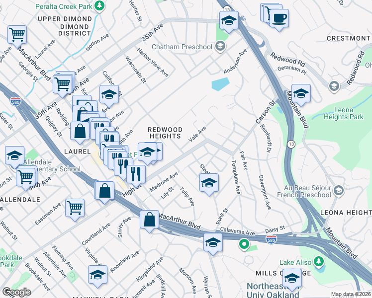 map of restaurants, bars, coffee shops, grocery stores, and more near 3859 High Street in Oakland