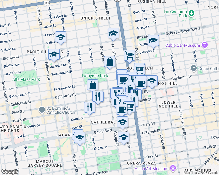 map of restaurants, bars, coffee shops, grocery stores, and more near 1735 Gough Street in San Francisco