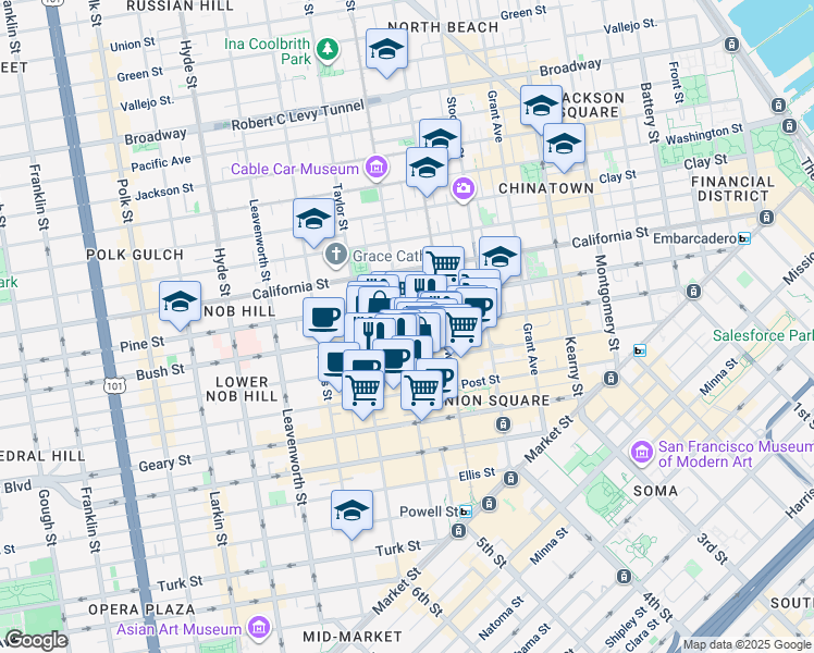 map of restaurants, bars, coffee shops, grocery stores, and more near 700 Mason Street in San Francisco