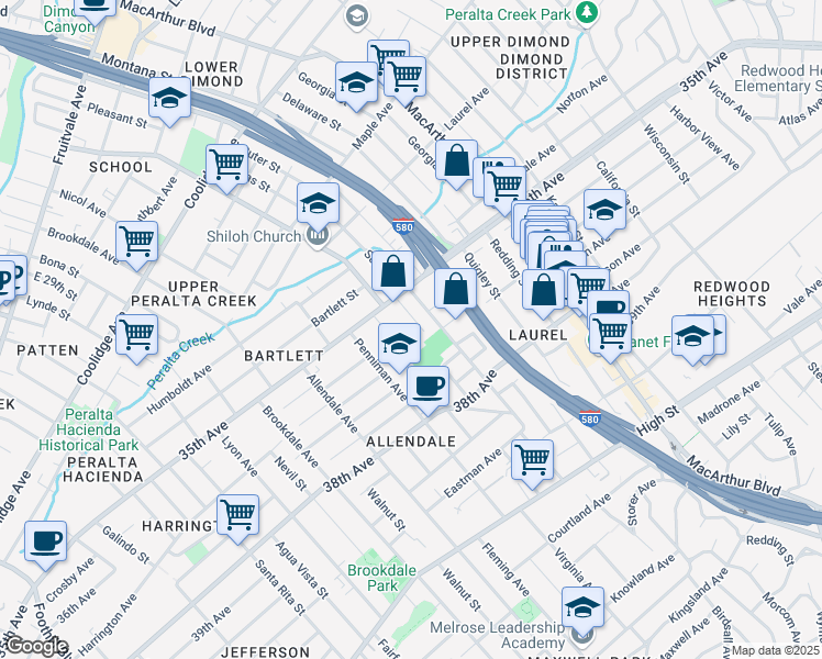 map of restaurants, bars, coffee shops, grocery stores, and more near 3605 Mangels Avenue in Oakland