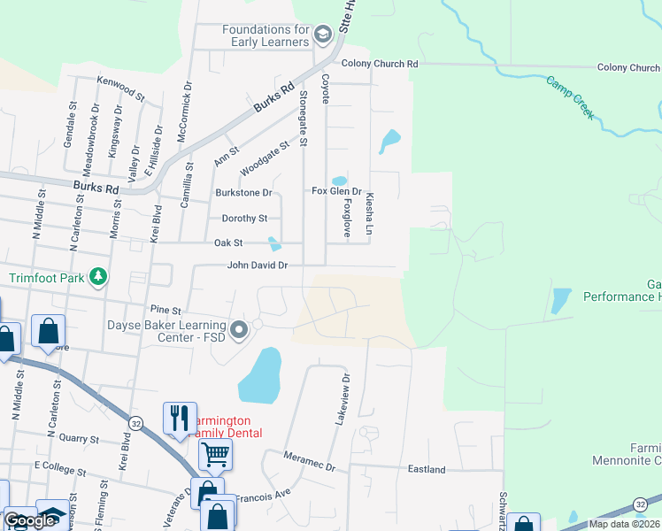 map of restaurants, bars, coffee shops, grocery stores, and more near 720 John David Drive in Farmington