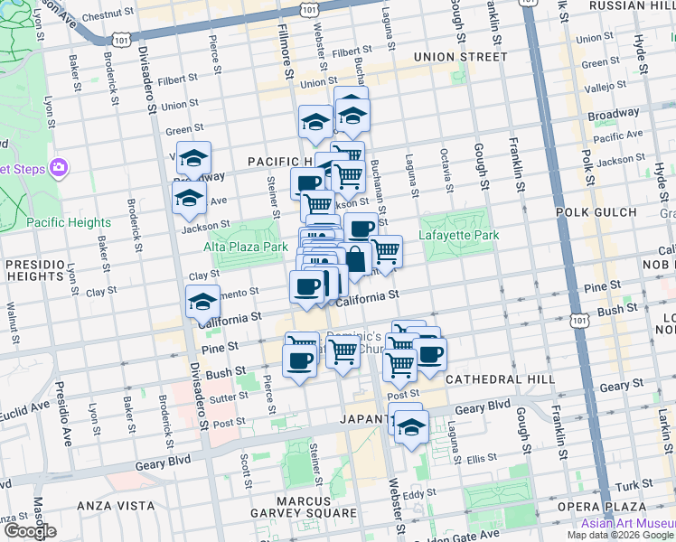 map of restaurants, bars, coffee shops, grocery stores, and more near 2458 Sacramento Street in San Francisco