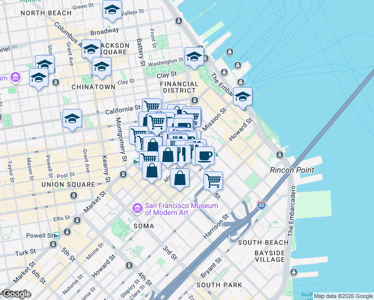 map of restaurants, bars, coffee shops, grocery stores, and more near in San Francisco