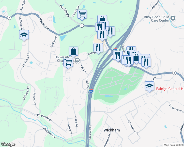 map of restaurants, bars, coffee shops, grocery stores, and more near 339 Harper Park Drive in Beckley
