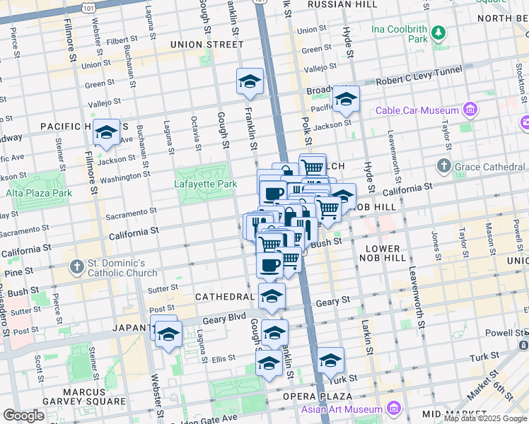 map of restaurants, bars, coffee shops, grocery stores, and more near Franklin St & California St in San Francisco