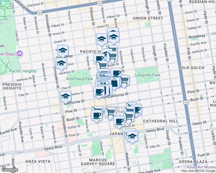 map of restaurants, bars, coffee shops, grocery stores, and more near 2460 Sacramento Street in San Francisco