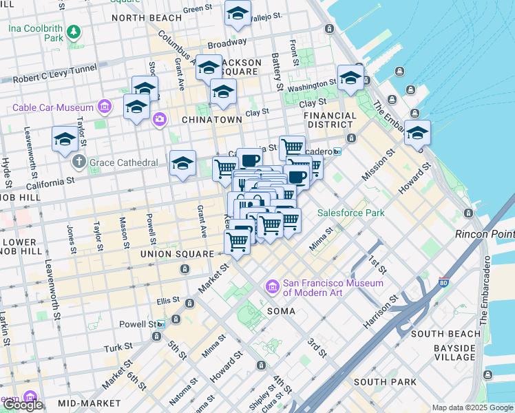 map of restaurants, bars, coffee shops, grocery stores, and more near 100 Montgomery Street in San Francisco