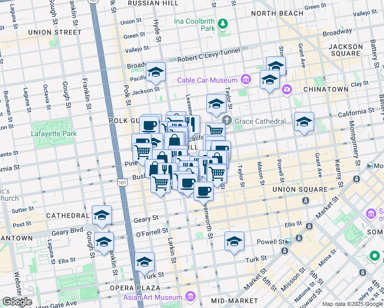 map of restaurants, bars, coffee shops, grocery stores, and more near 1219 Pine Street in San Francisco