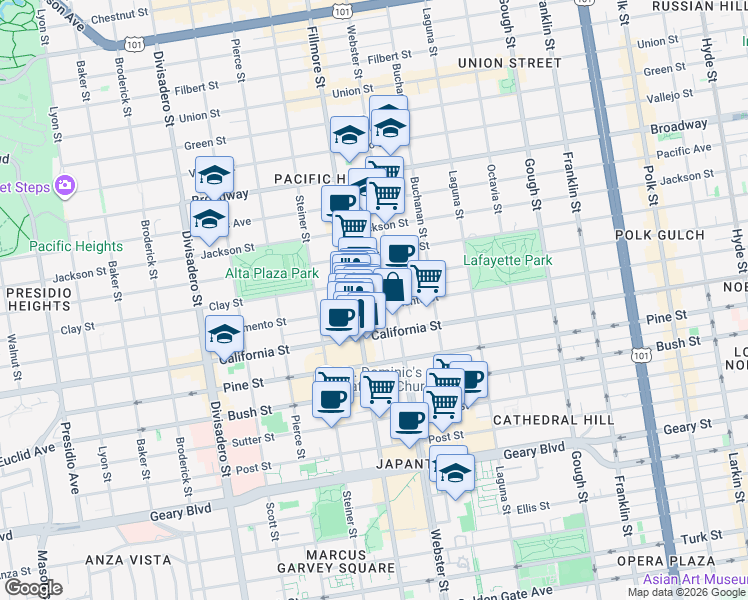 map of restaurants, bars, coffee shops, grocery stores, and more near 2460 Sacramento Street in San Francisco