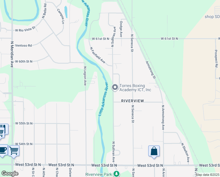 map of restaurants, bars, coffee shops, grocery stores, and more near 5847 Sullivan Road in Wichita