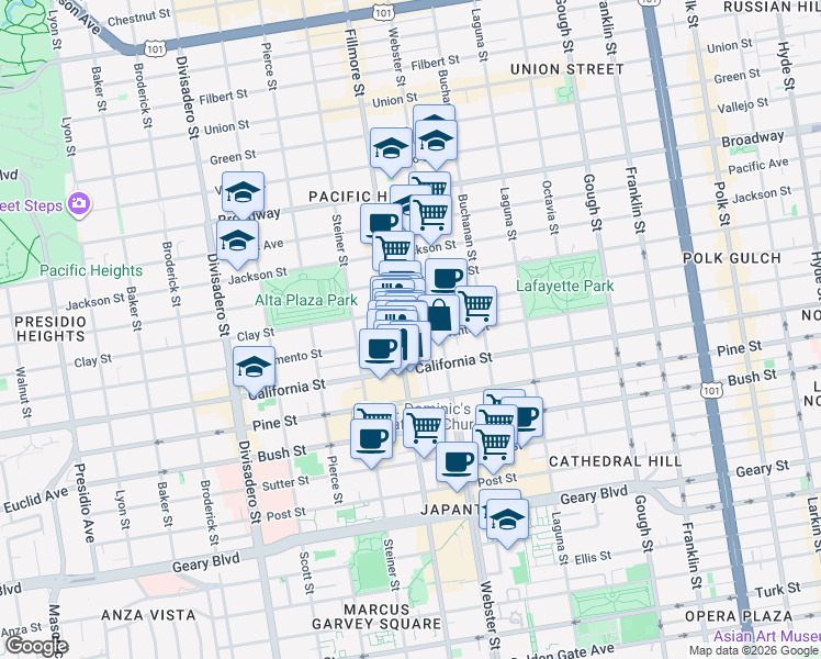 map of restaurants, bars, coffee shops, grocery stores, and more near 2472 Sacramento Street in San Francisco