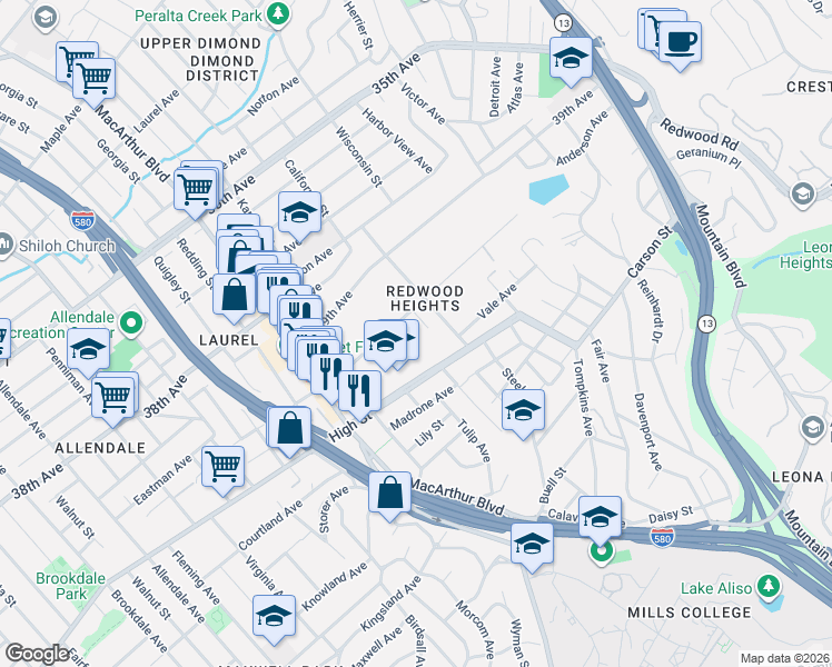 map of restaurants, bars, coffee shops, grocery stores, and more near 3761 High Street in Oakland