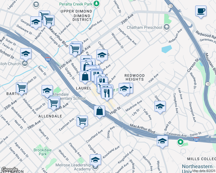 map of restaurants, bars, coffee shops, grocery stores, and more near 4104 MacArthur Boulevard in Oakland