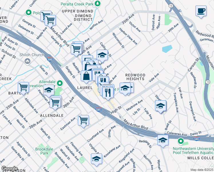 map of restaurants, bars, coffee shops, grocery stores, and more near 4104 MacArthur Boulevard in Oakland