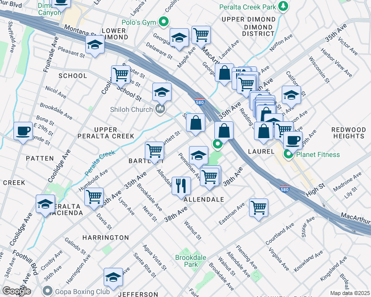map of restaurants, bars, coffee shops, grocery stores, and more near 3529 Penniman Avenue in Oakland