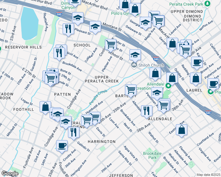 map of restaurants, bars, coffee shops, grocery stores, and more near 2568 Humboldt Avenue in Oakland