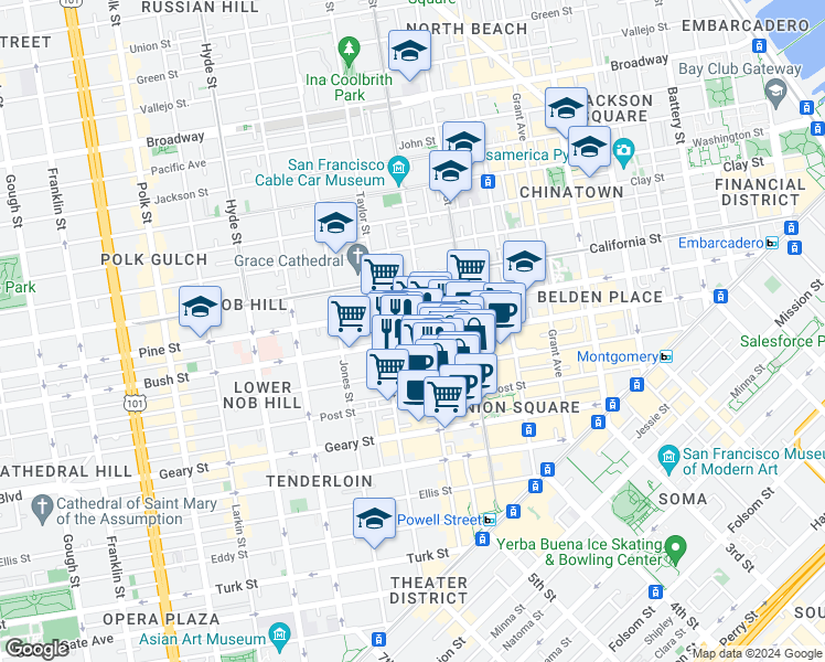 map of restaurants, bars, coffee shops, grocery stores, and more near 846 Bush Street in San Francisco