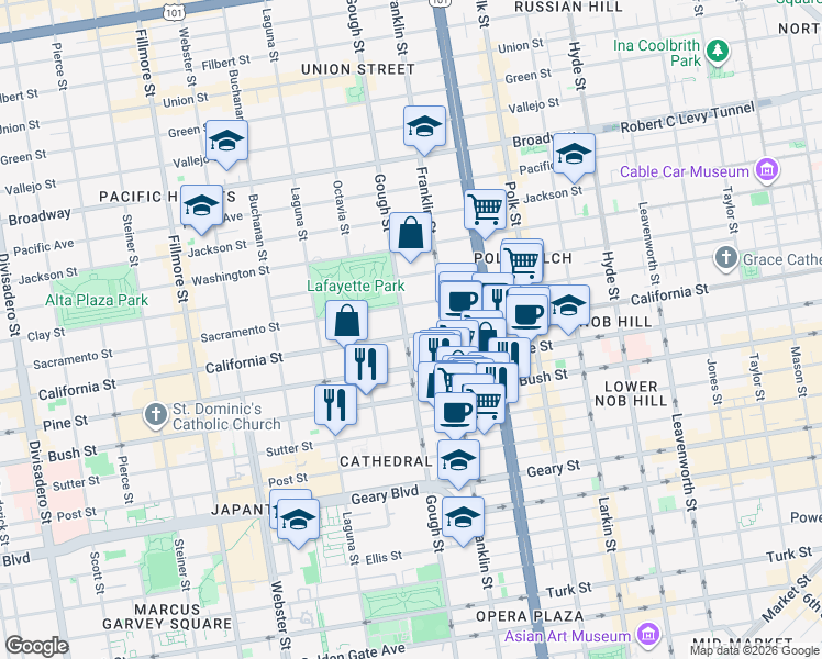 map of restaurants, bars, coffee shops, grocery stores, and more near 1735 Gough Street in San Francisco