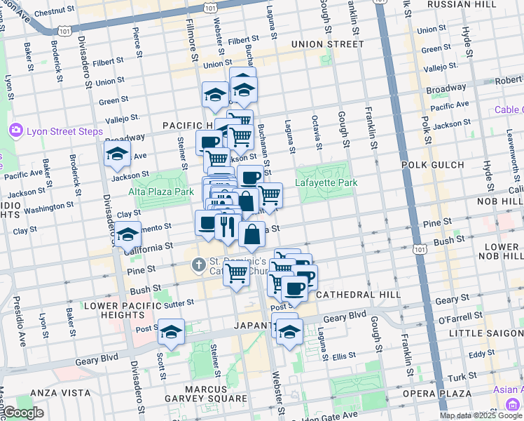 map of restaurants, bars, coffee shops, grocery stores, and more near 2246 California Street in San Francisco