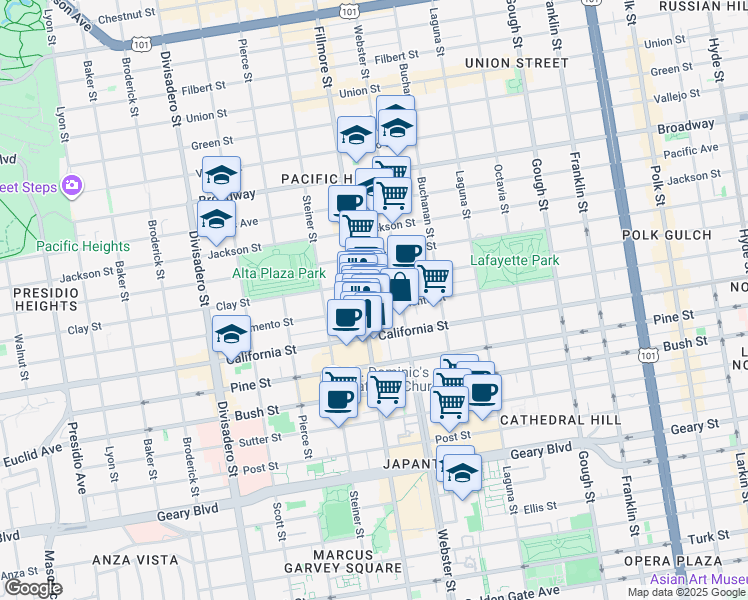 map of restaurants, bars, coffee shops, grocery stores, and more near 2334 California Street in San Francisco