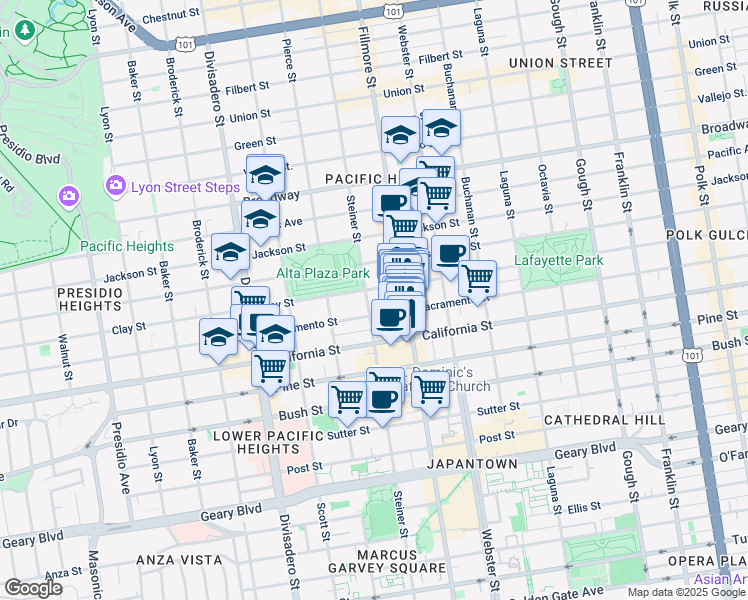 map of restaurants, bars, coffee shops, grocery stores, and more near 2605 Sacramento Street in San Francisco