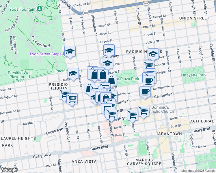 map of restaurants, bars, coffee shops, grocery stores, and more near 2114 Divisadero Street in San Francisco