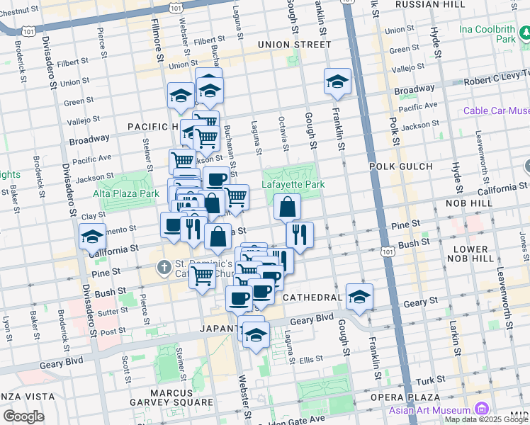 map of restaurants, bars, coffee shops, grocery stores, and more near 2201 Sacramento Street in San Francisco