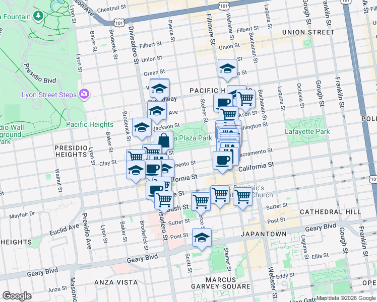 map of restaurants, bars, coffee shops, grocery stores, and more near 2700 Sacramento Street in San Francisco