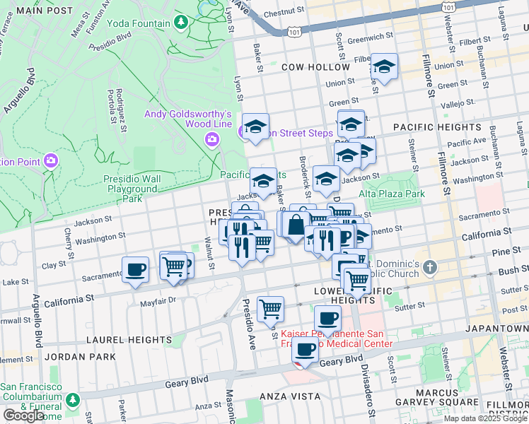 map of restaurants, bars, coffee shops, grocery stores, and more near 3168 Washington Street in San Francisco