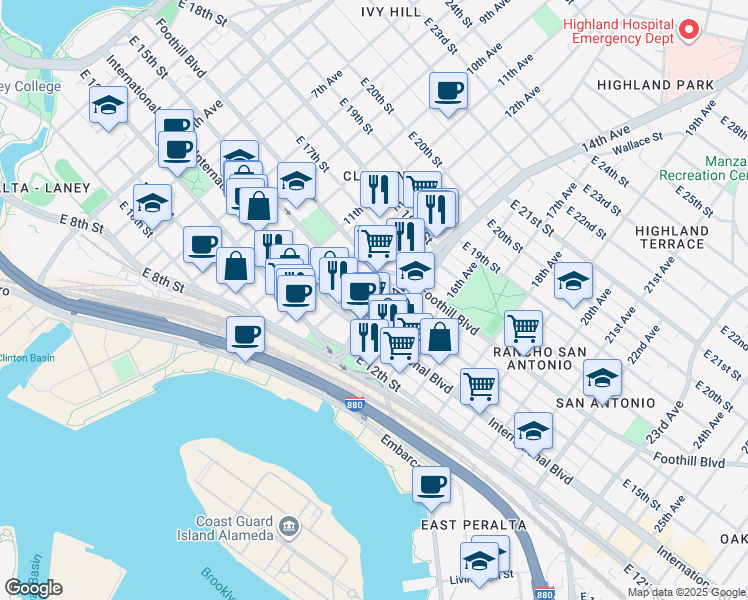 map of restaurants, bars, coffee shops, grocery stores, and more near in Oakland