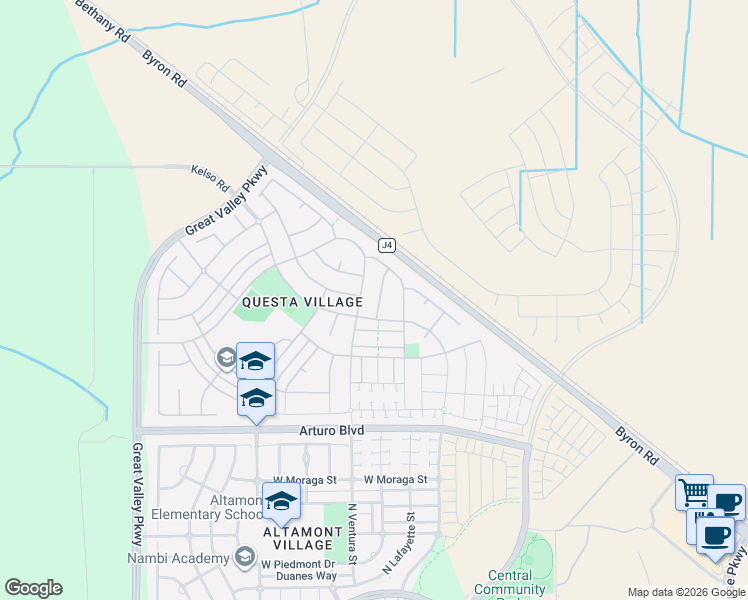 map of restaurants, bars, coffee shops, grocery stores, and more near 344 West Questa Trail in Mountain House