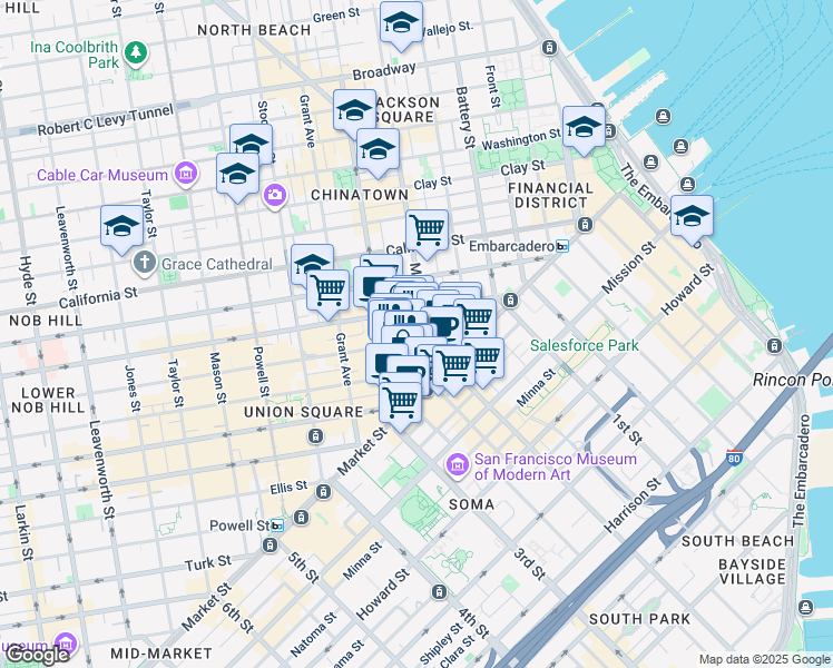 map of restaurants, bars, coffee shops, grocery stores, and more near 122/15 Montgomery Street in San Francisco