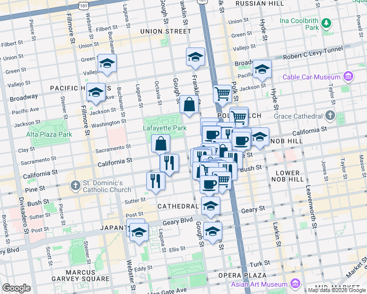 map of restaurants, bars, coffee shops, grocery stores, and more near 1801 Gough Street in San Francisco