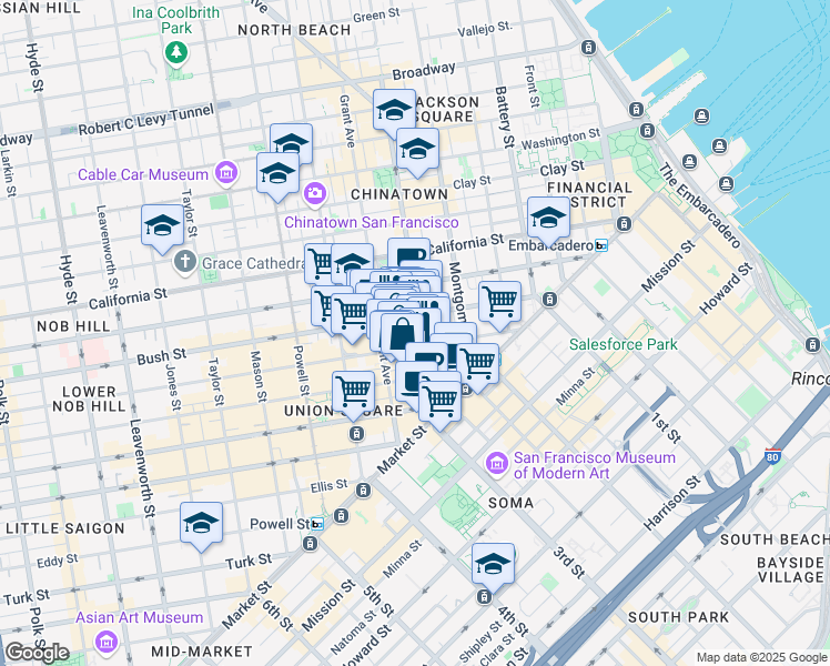 map of restaurants, bars, coffee shops, grocery stores, and more near 255 Sutter Street in San Francisco