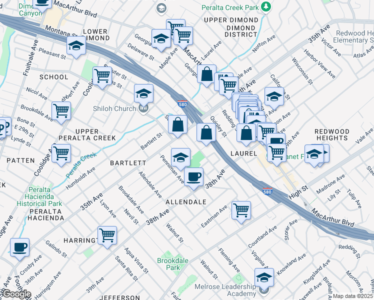 map of restaurants, bars, coffee shops, grocery stores, and more near 3605 Mangels Avenue in Oakland