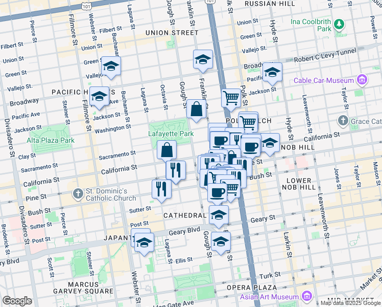 map of restaurants, bars, coffee shops, grocery stores, and more near 1801 Gough Street in San Francisco
