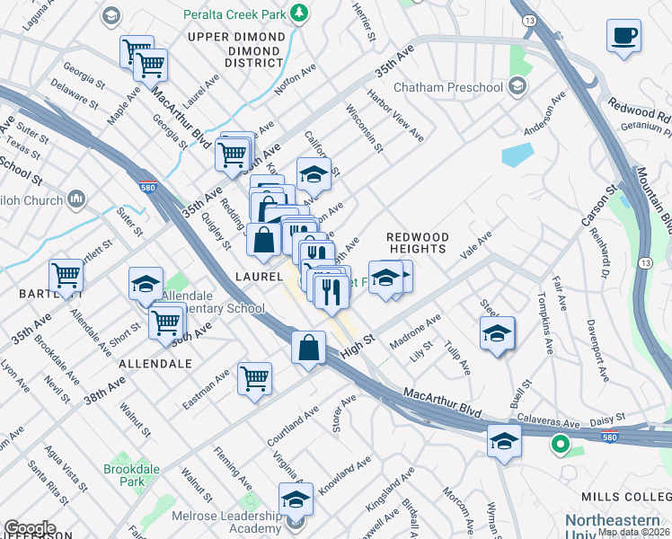 map of restaurants, bars, coffee shops, grocery stores, and more near 4104 MacArthur Boulevard in Oakland