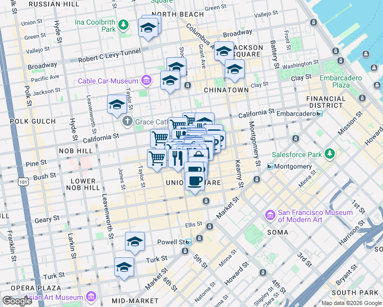 map of restaurants, bars, coffee shops, grocery stores, and more near 625 Bush Street in San Francisco