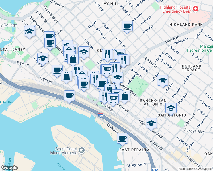map of restaurants, bars, coffee shops, grocery stores, and more near 1515 14th Avenue in Oakland