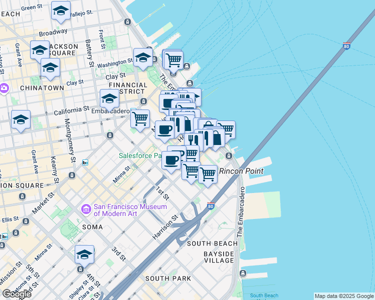 map of restaurants, bars, coffee shops, grocery stores, and more near 221 Main Street in San Francisco