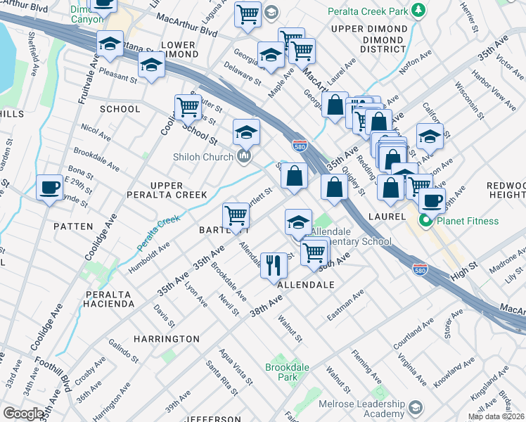 map of restaurants, bars, coffee shops, grocery stores, and more near 2933 35th Avenue in Oakland